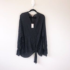 Juicy Couture Blouse Tie Front Surplice Flare Sleeve Black Silver Size XXL NWTs